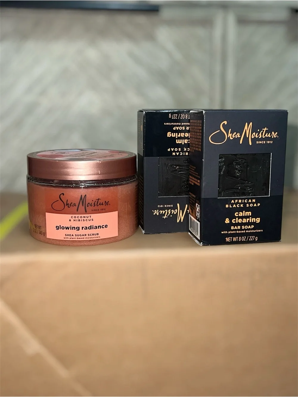 Shea Moisture pink  coconut hisbiscus sugar scrub and black bar soap set